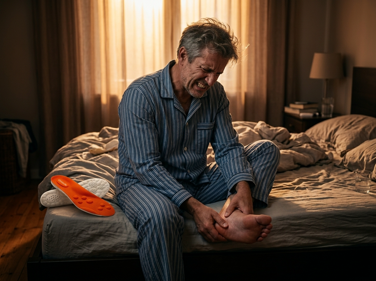 Man sitting on bed edge in morning pain clutching his foot